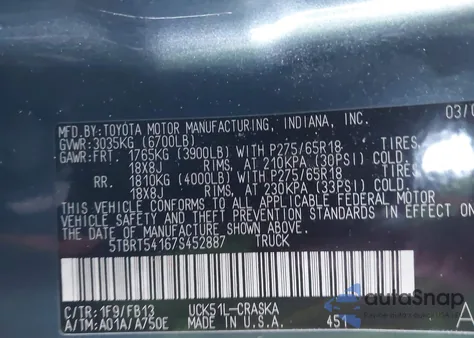 2007 Toyota Tundra Sr5 4.7L V8 from USA, damaged, VIN 5TBRT54167S452887